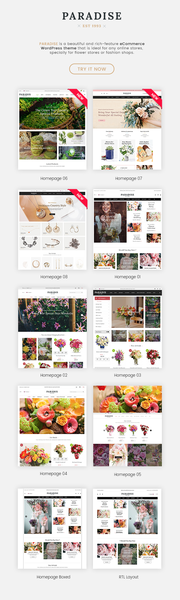 Flower Shop Elementor WooCommerce WordPress Theme - Paradise - 8 Homepages