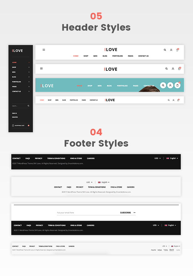 Multi-Headers & Footers - fashion ecommerce wordpress theme